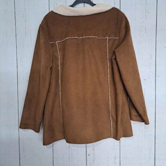 LL Bean Size XL Petite Womens Brown White Suede Sherpa Button Down Jacket - Picture 8 of 8